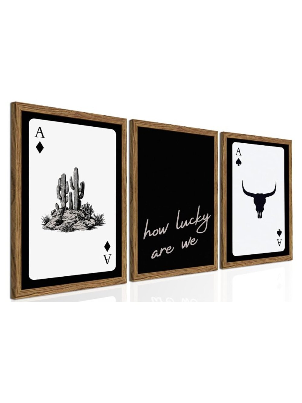 Western Wall Art Set 3 Cowboy Playing Card Longhorn Skull Canvas Framed 12x16